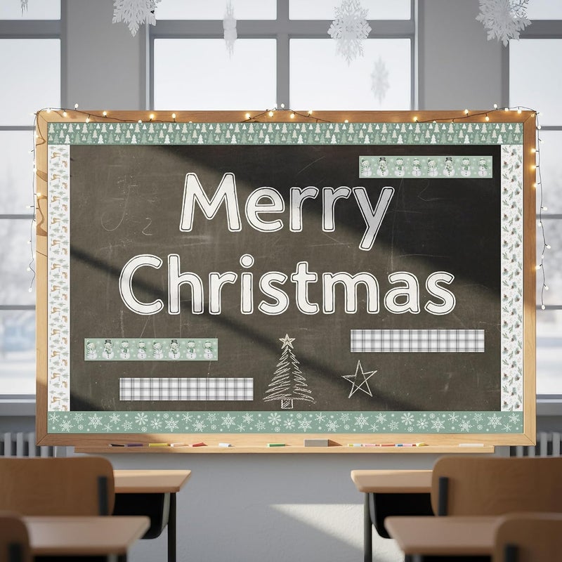 CPicdn Store 24Pcs Christmas Classroom Magnetic Bulletin Board Borders Decoration Set, Christmas Sage Snowflakes Snowman Border Trims Green Classroom Chalkboard Supplies Wall Door Xmas Winter Party Decor - Image 4